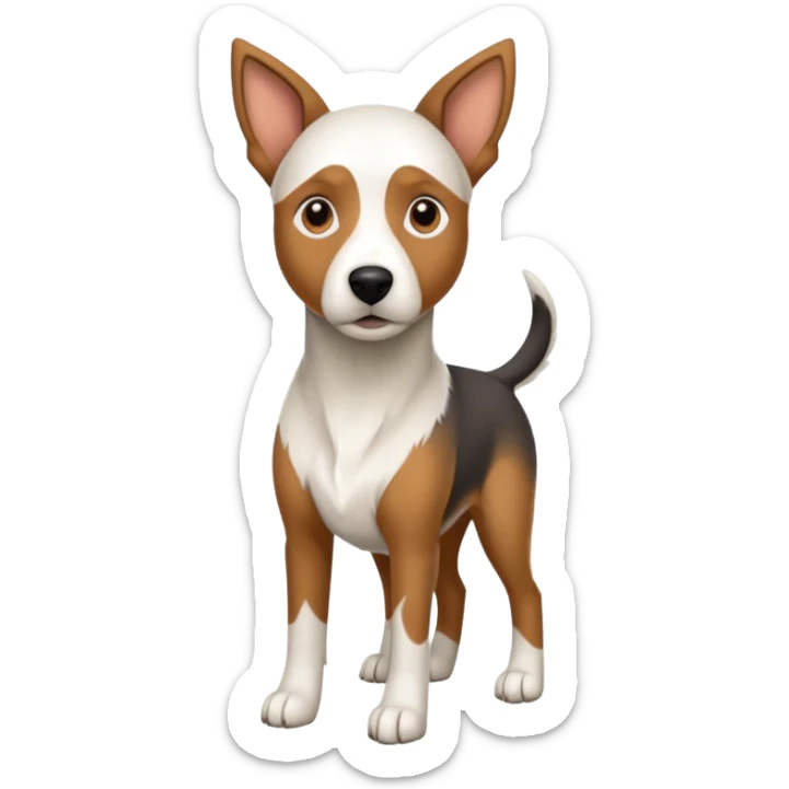 a full body large white floppy eared parson russell looking dog the size of a kelpie with light brown ears and a light brown patch on one eye and a large snout sticker