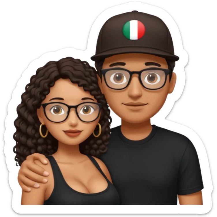 A picture of an embracing tanned couple. the man is a Mexican man with tanned skin, with a bald hair cut wearing a SnapBack hat and a black shirt. the woman has glasses on with long curly dark brown hair and with big boobs.  sticker