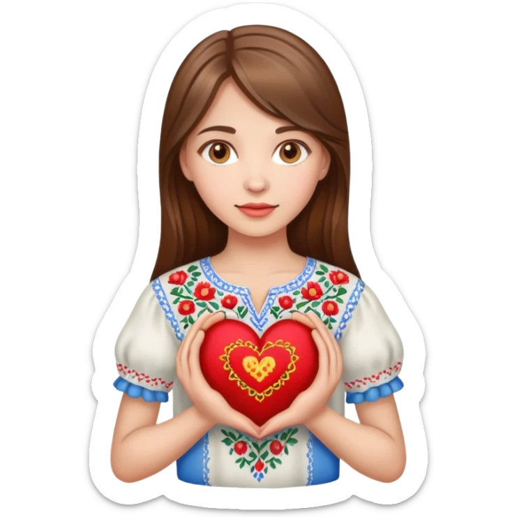 A beautiful young girl with brown hair in a Ukrainian embroidered shirt is holding a large embroidered heart sticker