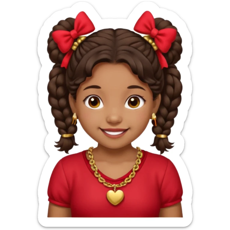 Brownskin girl dark brown hair fluffy. pigtails with red bows brown eyes smiling closed mouth red shirt gold esrrings gold necklace sticker