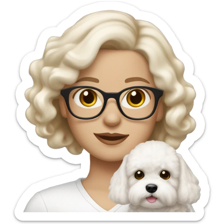 white-woman-with-white- wavy-medium-hair-big-hazel-eyes-and-glasses- holding- Bichon with light brown ears  sticker