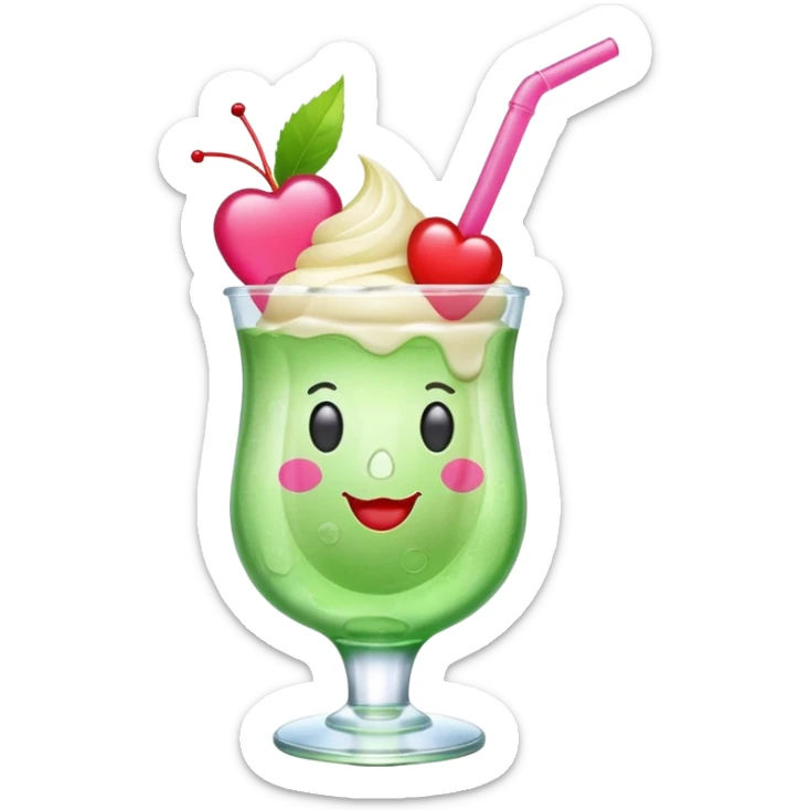 clear emoji-style of a green soda float with ice, vanilla ice cream scoop, two red cherries, pink heart-shaped straw, simple shapes, bright colors, glossy, kawaii style, centered, transparent background
 sticker