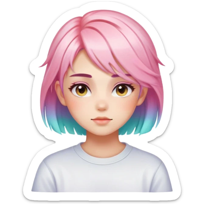 Gorgeous anime style tomboy with blushing face aesthetic and pretty colorful shiny gradient pastel hair trending style sticker