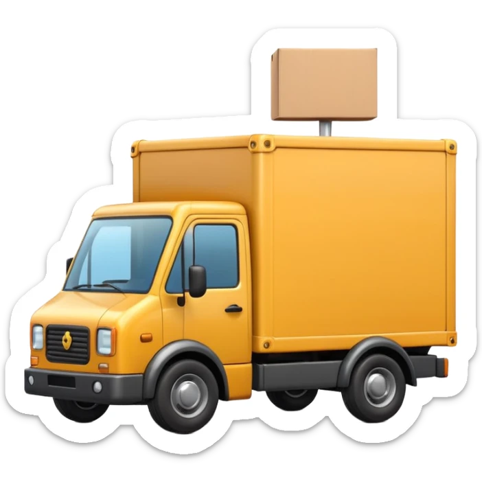 3D Apple-style emoji of a small delivery truck with a box container, simple wheels, and a shipping logo. Rounded, glossy, smooth, soft shadows, white background.



 sticker
