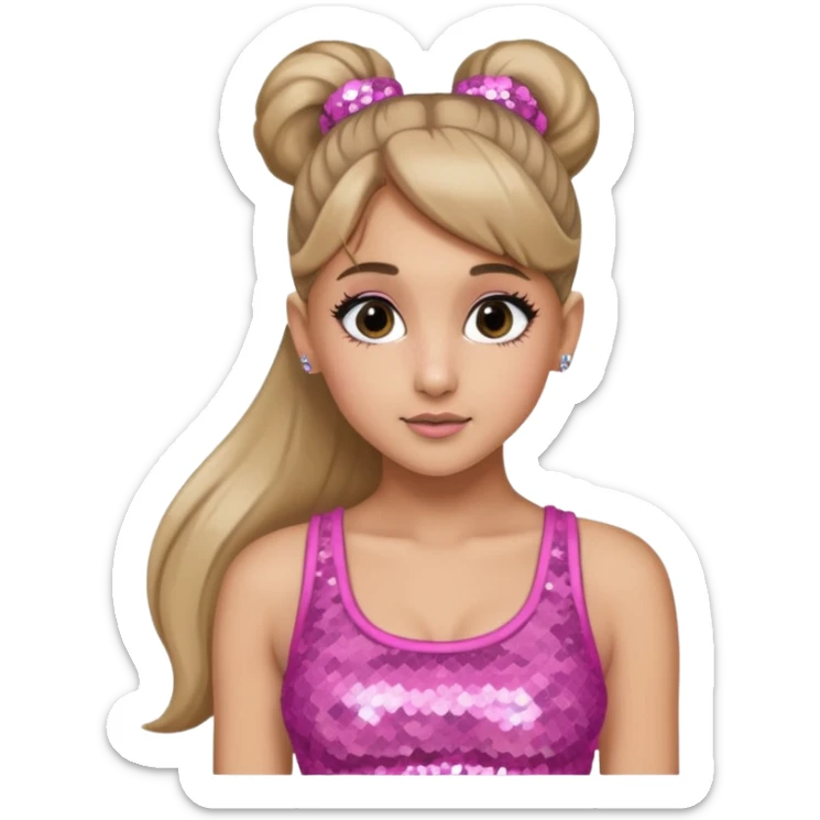 Ariana Grande with long dark blonde ponytail hair, pink sequin crop top sticker