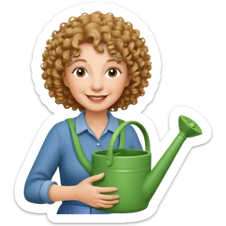 Older female florist – curly hair, hold garden watering pot sticker