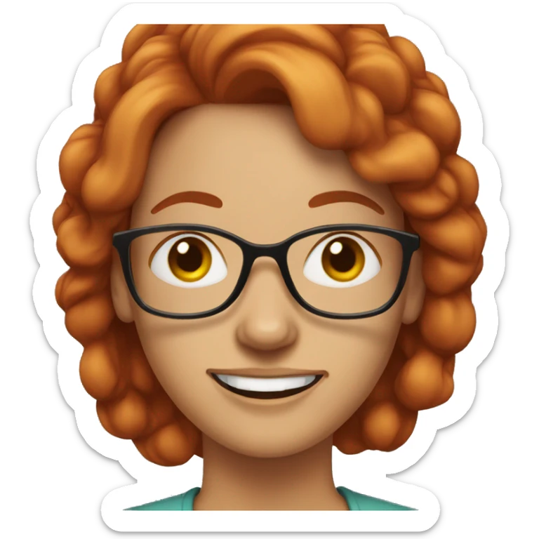 woman in her fifties with red hair tied with a clip and eyeglasses sticker