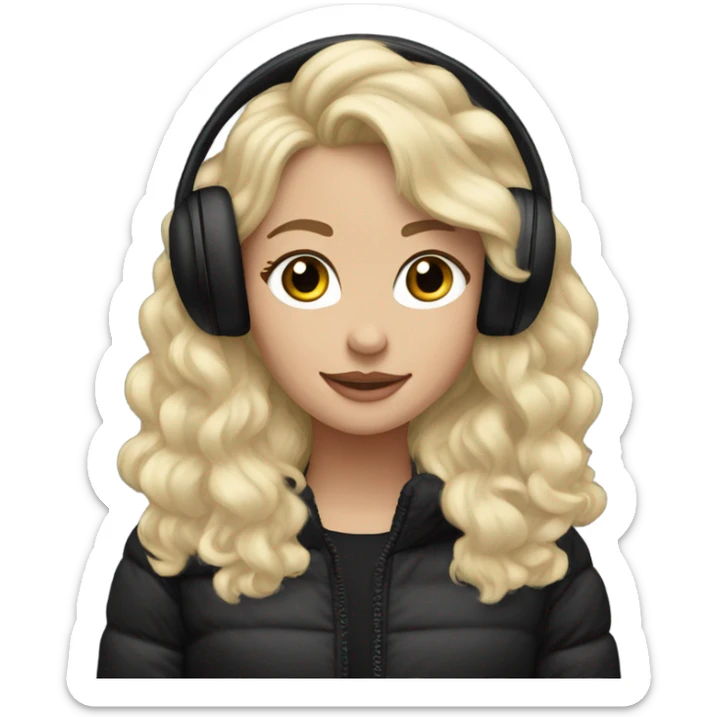 Pretty blonde long wavy hair, wearing puffy black jacket and fluffy black earmuffs  sticker