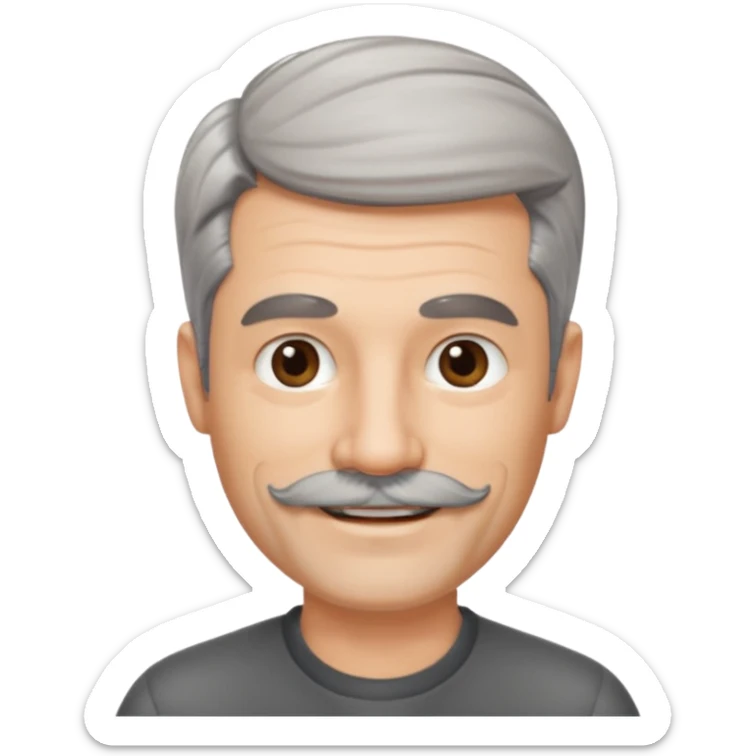50 yr old man salt and pepper hair, side swept part, short beard and moustach sticker