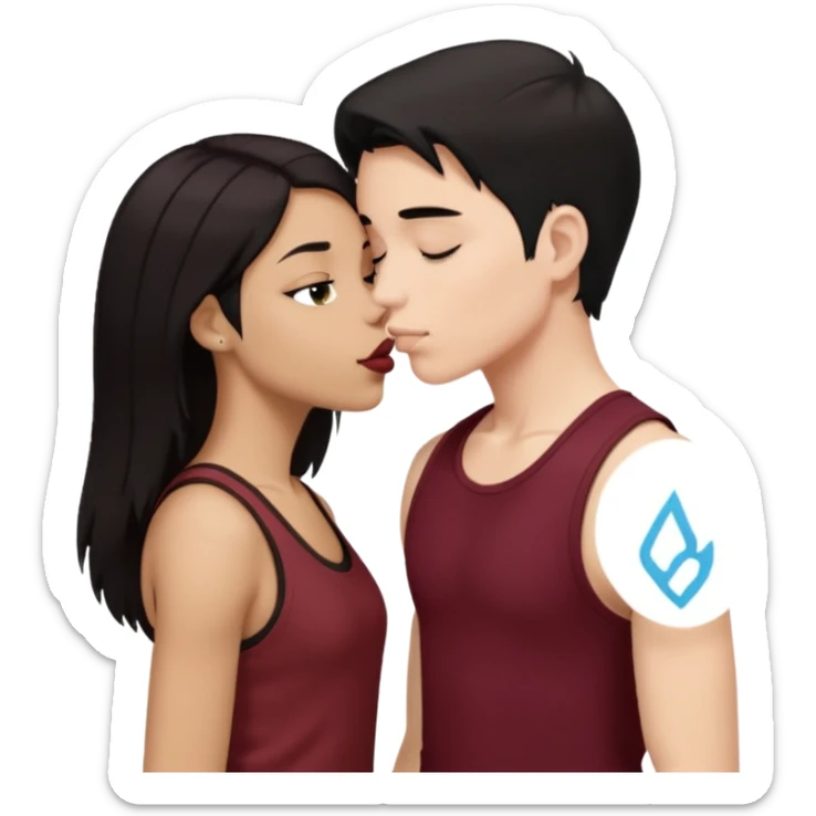 a white woman with short tomboy black hair wearing men's black tank top kissing a lightskin woman with long dark blonde hair wearing maroon tank top sticker