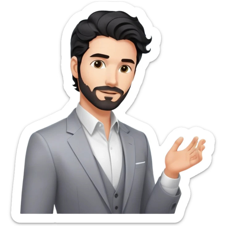 Professional 35-year-old man with black wavy hair, stubble, strong jawline, white skin tone, wearing smart casual business attire, interacting with holographic digital display, surrounded by tech elements, innovative business strategist sticker