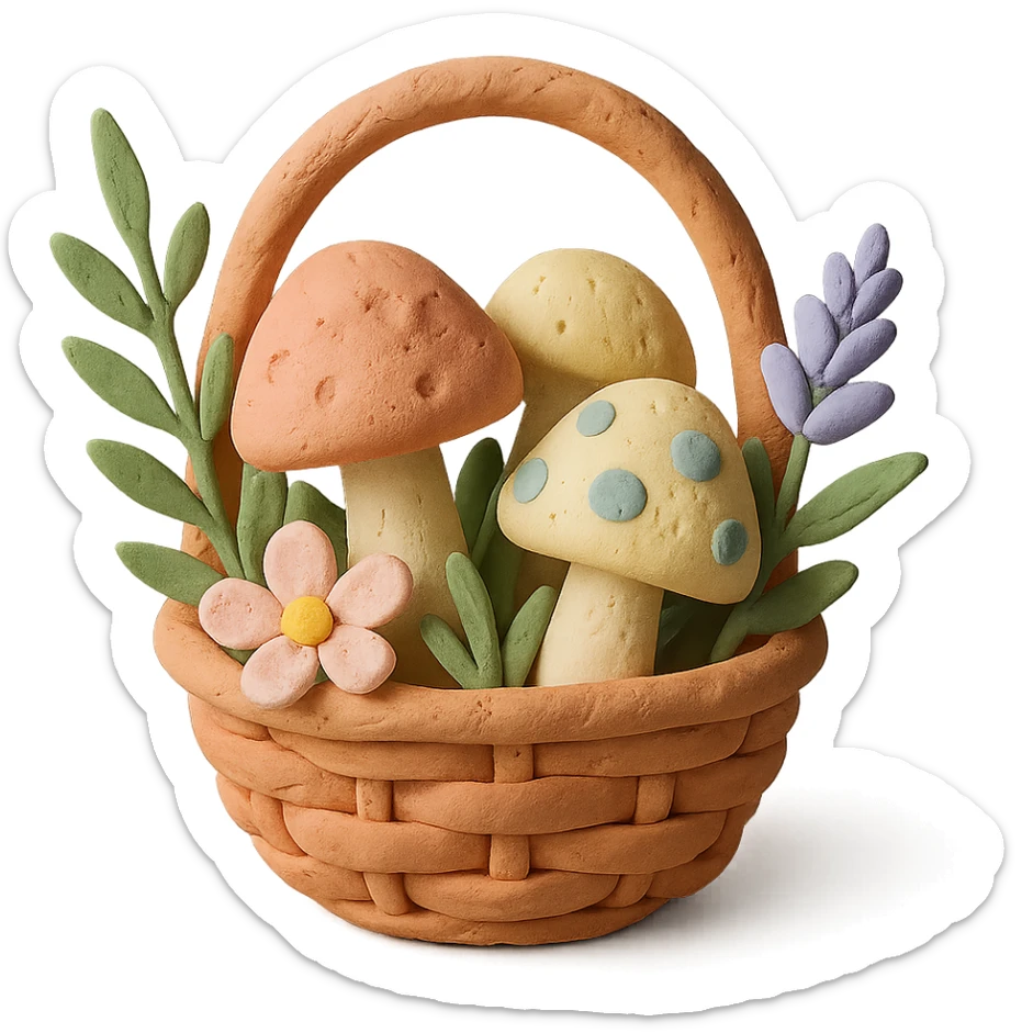 basket full of forest goodies including mushrooms, herbs, flowers in soft pastel colors, claymation style sticker