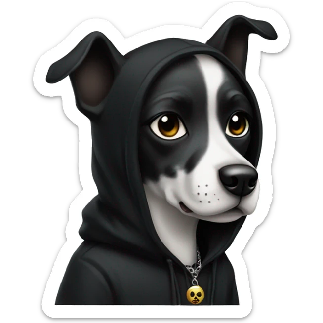 A goth dog in a hoodie with black makeup and jewelry sticker