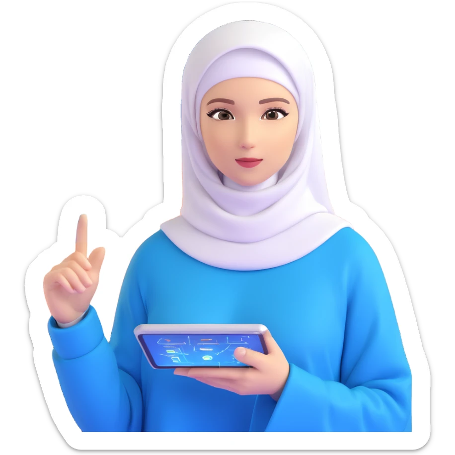 woman with white hijab wearing blue outfit, working with futuristic screens showing advanced holographic interfaces, AI visualizations, quantum data patterns, circuit networks, high-tech metaverse elements sticker
