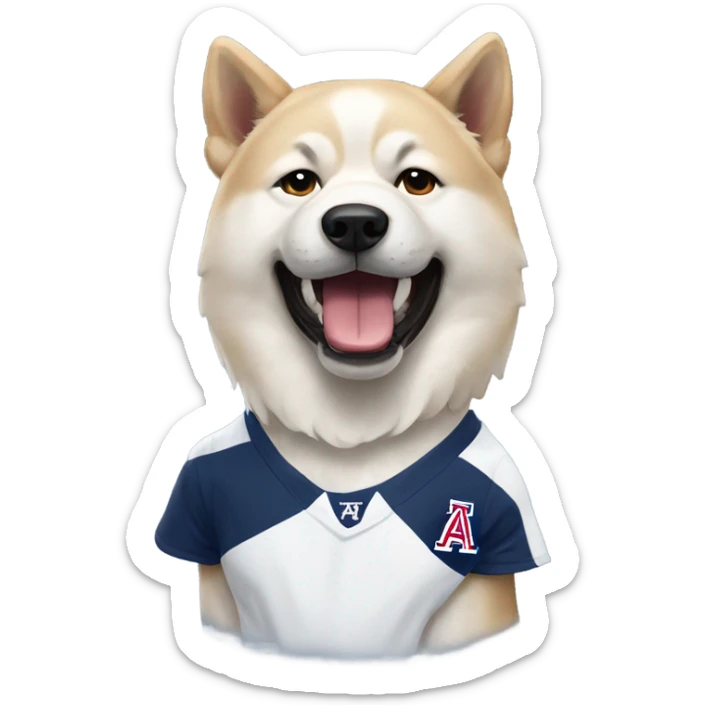 White Akita inu wearing a university of Arizona t shirt sticker