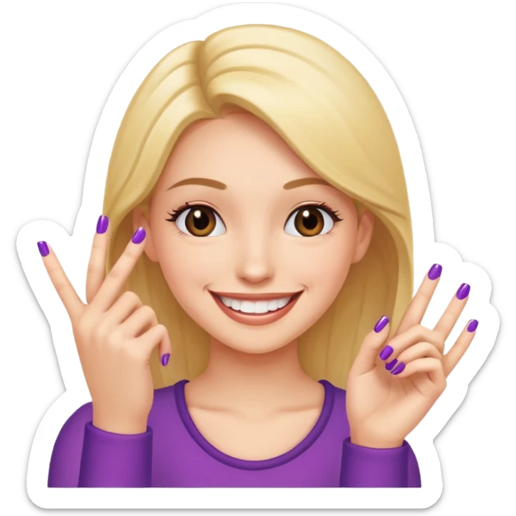 a girl with a big smile, showing off her new nail with her hand near her face sticker