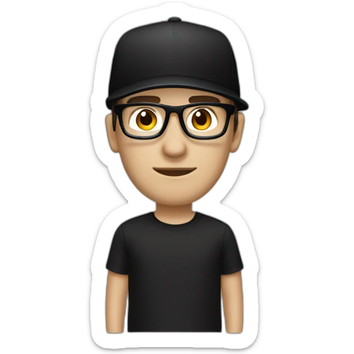 Caucasian man, with a black cap, glasses, and black t-shirt with a drummer player sticker