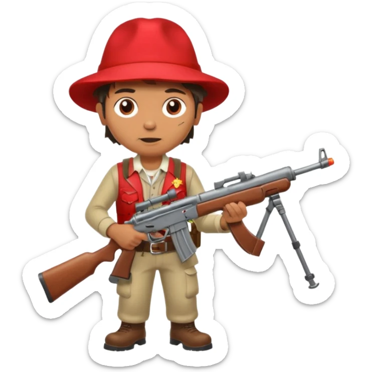 Yodeling mountain climber in Switzerland with a machine gun pointing to the right, full body. in the style of your bleeding skull art make him look like the price is right game sticker