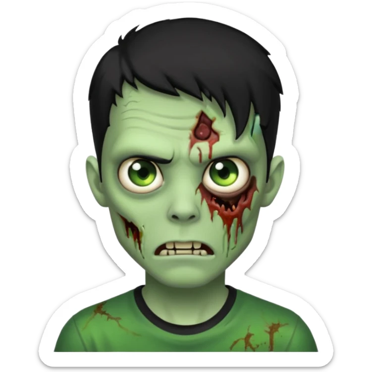 Zombie Emoji AppleIOS Style, lowfade Black Hair, and Black T-shirt, Green Skin, normal expression sticker