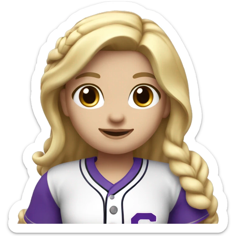 baseball card character. Blonde female long shoulder length hair. letter C logo. white and purple uniform. sticker