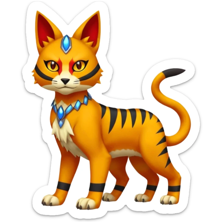 Colorful orange red black yellow Bastet-Gatomon-Vernid-Protogen-Digimon-Fakémon-Pokémon-creature  (full body) sticker