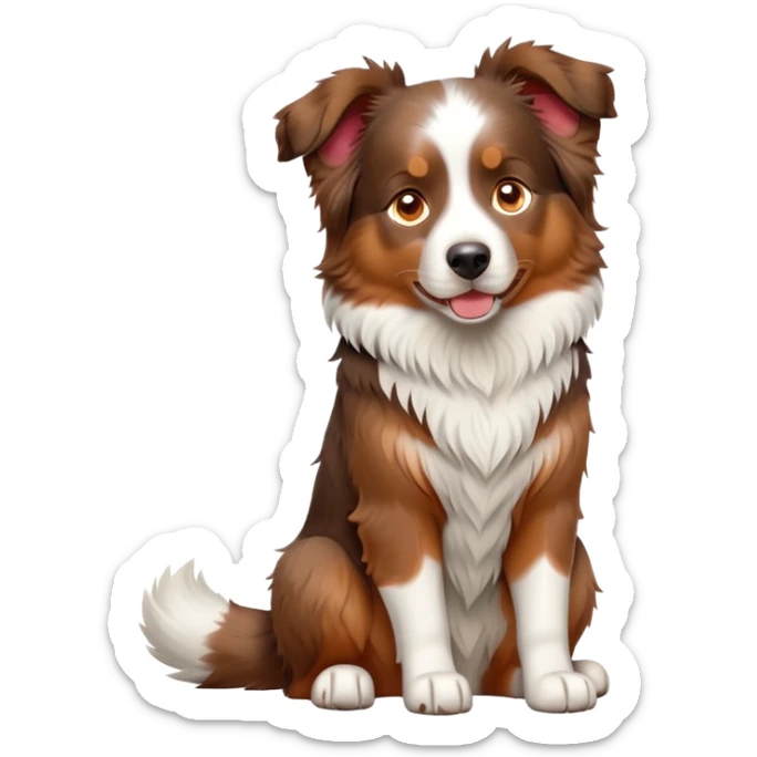 cinematic-[australian shepherd dog]-realistic-full-body-sitting-emoji,-tail-resting-loosely-beside-its-paws,-head-tilted-dramatically,-scruffy-[half white and red merle]-fur,-simplified-yet-realistic-focused-features,-highly-detailed,-glowing-with-an-almost-sarcastic-glow sticker