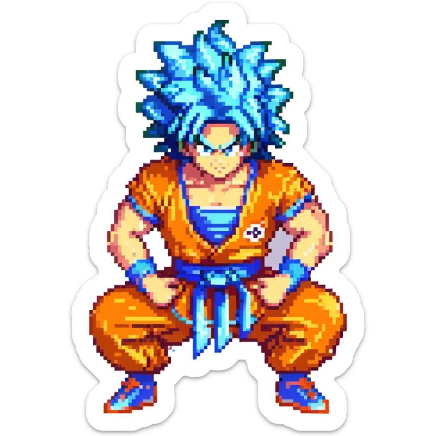 Goku from Dragon Ball Z, pixel art style, spiky hair, orange gi, blue wristbands, confident pose sticker