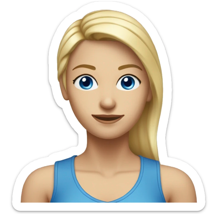 A head and shoulders shot of a 31 year old Caucasian woman, with straight blonde hair,   with blue eyes wearing a t-shirt. sticker