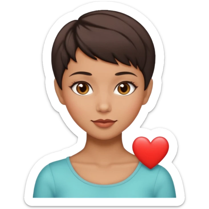woman pixie cut dark brown hair, tan skin, brown almond eyes, heart shaped face sticker