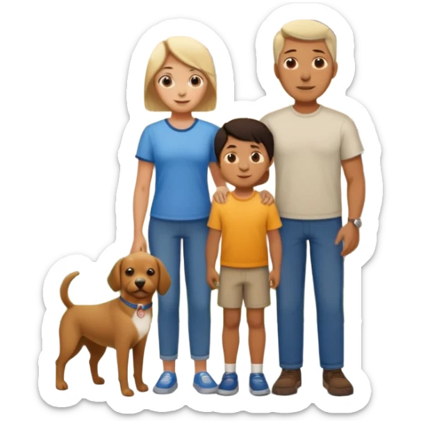 1 Father 1 Mother and 1 young boy who is half as tall as the parents, standing in front of their house with a dog next to them. Everyone should look VERY happy sticker