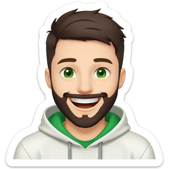laughing guy with white hoodie, green eyes, dark brown undercut hairstyle and a short full beard sticker
