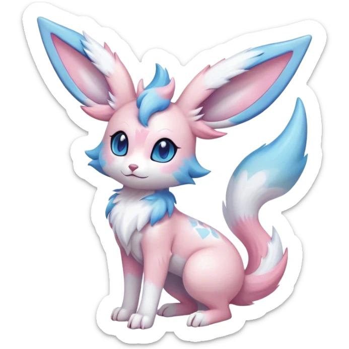 Feral Rare Fantasy cute realistic adorable pastel pink light-blue white iridescent Sylveon-Vernid-Sergal-hybrid by LiLaiRa, markings, tufted ears, full body sticker