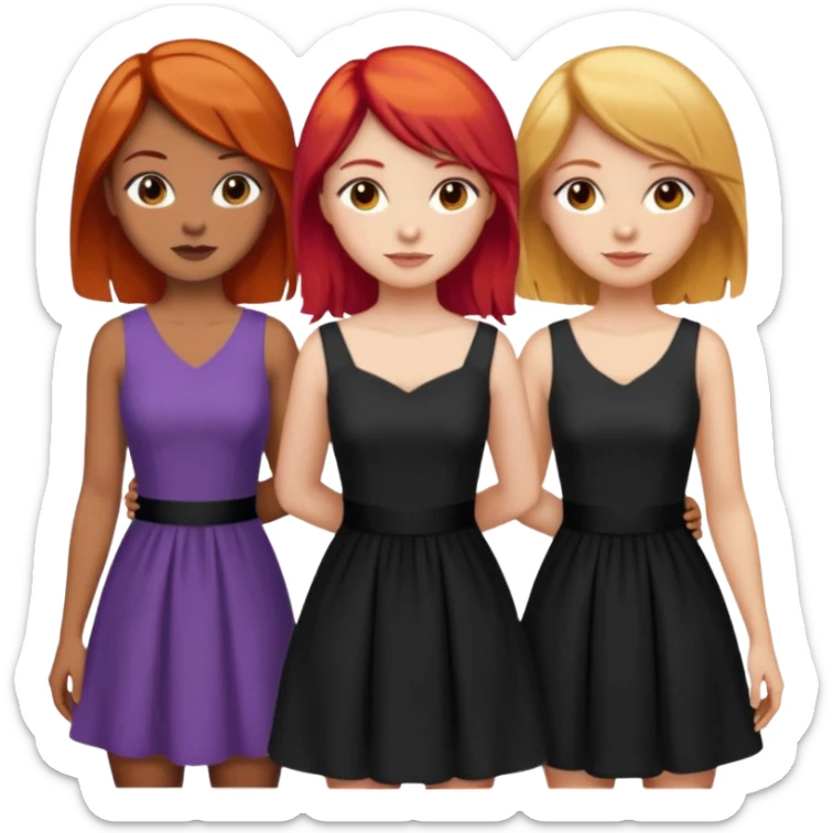 Can you create an image of 3 friends together one with red bright hair light skin one the other with brown hair with some blonde highlights in the hair fair skin the last one with light brown a tint of orange hair and black long hair with brown with dresses sticker
