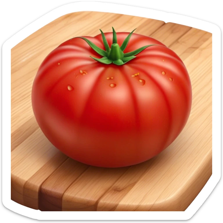 Cinematic juicy ripe tomatoe, deep red, slightly dewy, arranged on a wooden cutting board, soft glowing background, rich and flavorful. sticker