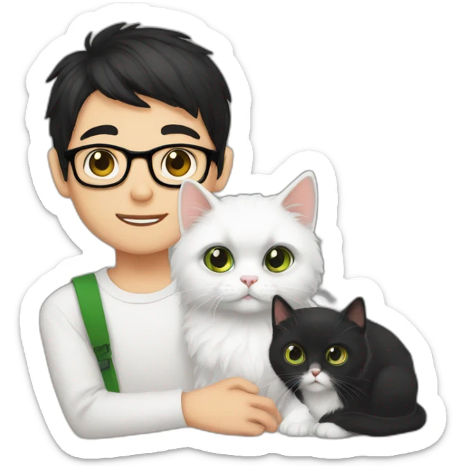 Boy with green eyes, black short hair, white skin, with glasses, hold Persian cat orange sticker
