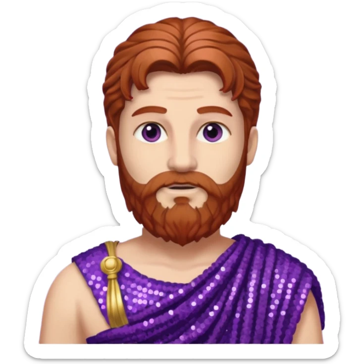 Liber from Roman Deities with long auburn hair and beard, purple sequin toga sticker