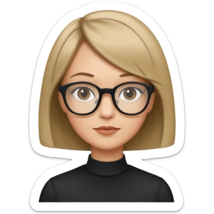 woman dark blonde petite bob haircut wears dark squarish glasses, classic clothes sticker