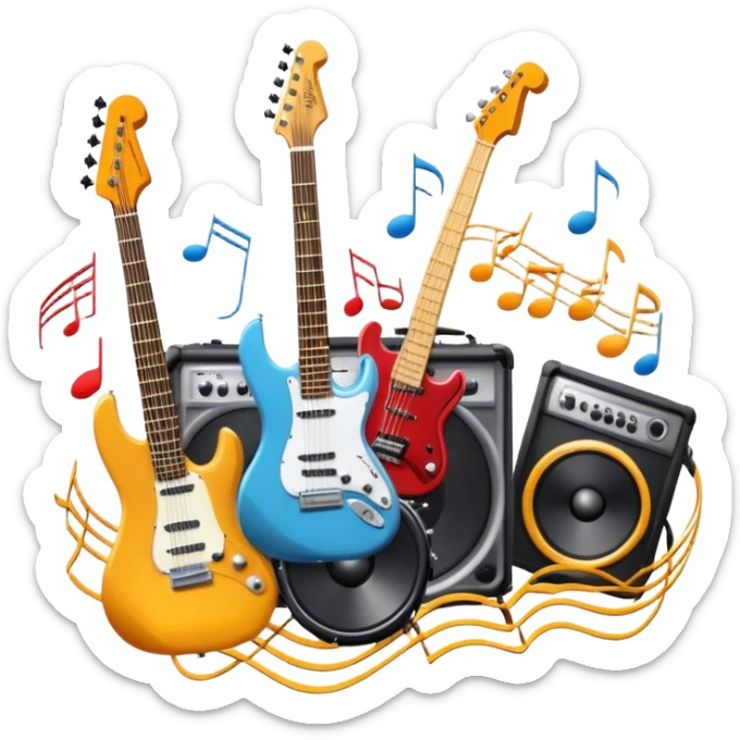 Icon for R&B Music Listening: large concert speakers and headphones with waves of musical notes coming out, along with an electric guitar, bass guitar, drum kit, and synthesizer, saxophone. The icon should convey the energetic and rhythmic vibe of R&B music. Transparent background. sticker