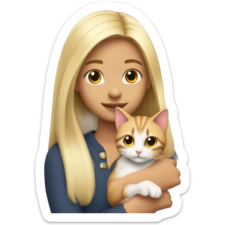 Blonde Girl with Long Hair having a Tricolore cat in her Arms  sticker