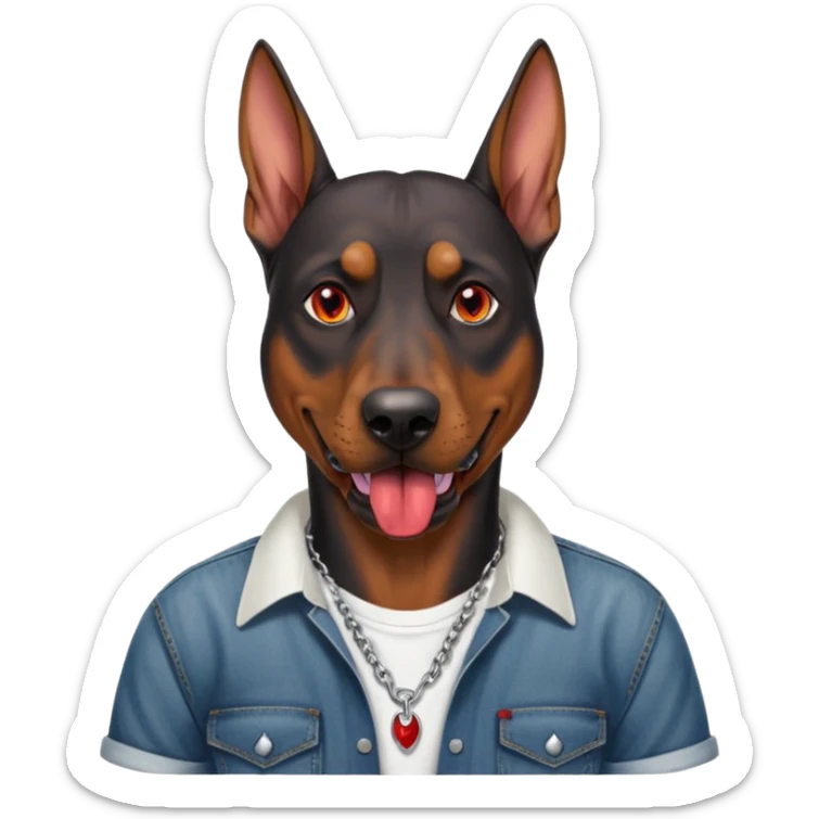 Generate a emoji of a big evil doberman dog with red eyes and a tongue sticking out, give the doberman a human body with a white shirt and baggy jeans, make the doberman have ear piercings and a septum ring sticker