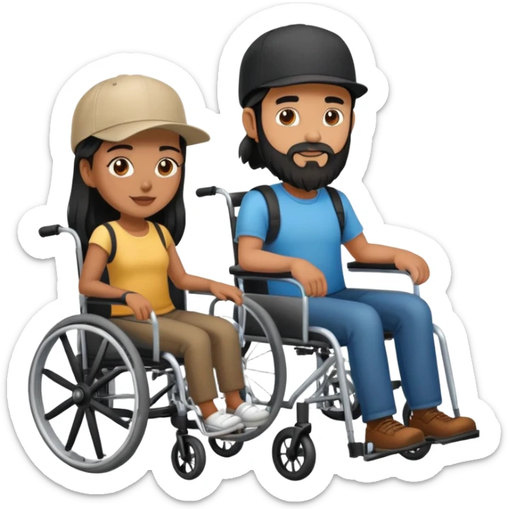 Beige skin man with a beard and cap in a wheelchair and a brown skin woman with long black hair in a wheelchair  sticker
