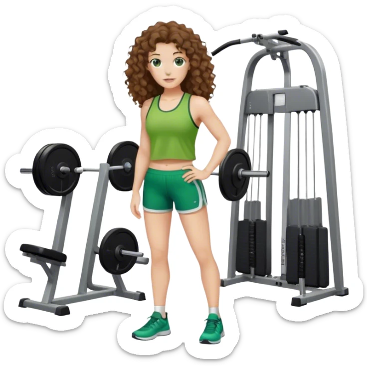 white woman with long brown curly hair in green top and shorts at gym sticker