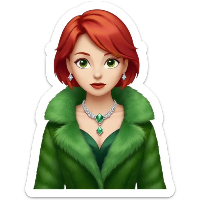 * Character: A stylish lady,red hair
* ﻿﻿Clothing: A luxurious green fur coat
* ﻿﻿Accessories: A dazzling diamond necklace
* ﻿﻿Expression: Confident, elegant, maybe slightly glamorous
* ﻿﻿Pose: Head slightly tilted or a poised posture
* ﻿﻿Style: Emoji-like, simple but expressive sticker