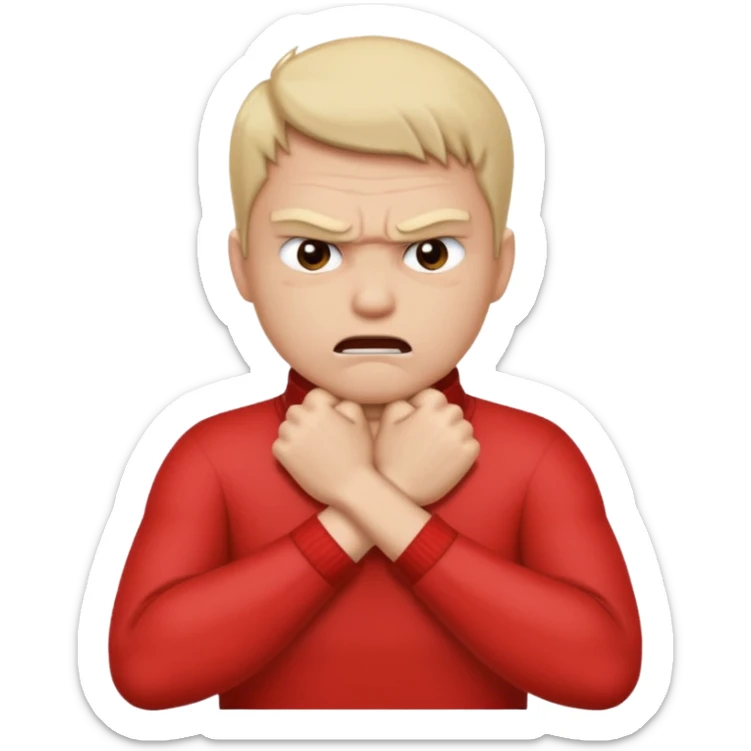 Grabbing throat with hands and looking angry with arms crossed and under chin, grabbing neck sticker