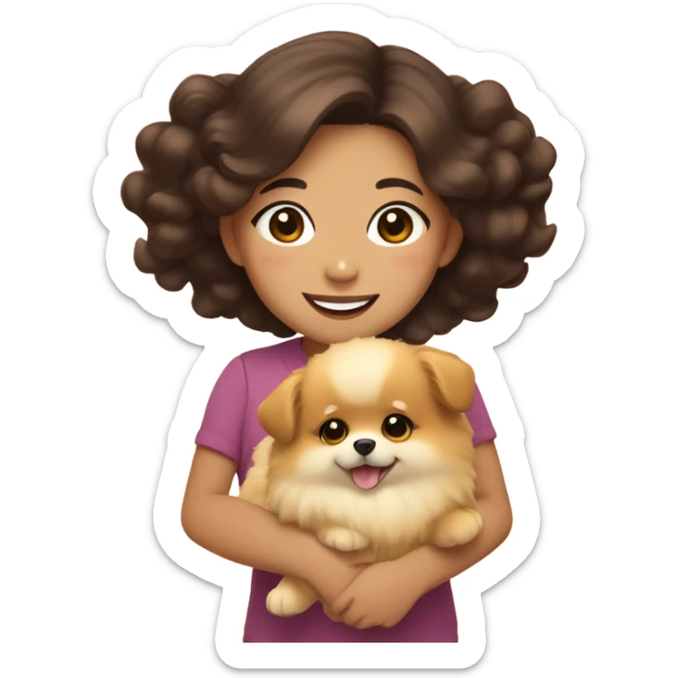 Asian brunette girl with wavy hair and brown eyes holding a yellow Pomeranian puppy. Cute. sticker