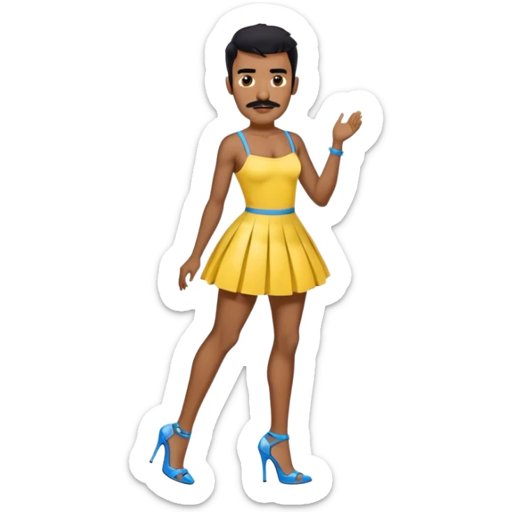 Man in a yellow mini skirt dress and blue strappy high heels with black hair and black mustache and brown skin sticker