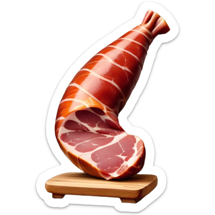 _cinematic-realistic-spanish-ham-leg,-depicted-as-a-massive,-cured-leg-of-jamón-serrano-(ham)-with-a-deep-reddish-brown-hue on the outside,-intricately-marbled-and-slightly-glossy-with-age,-elegantly-displayed-on-a-rustic-wooden-stand-and-bathed-in-warm - jamon prosciutto sticker