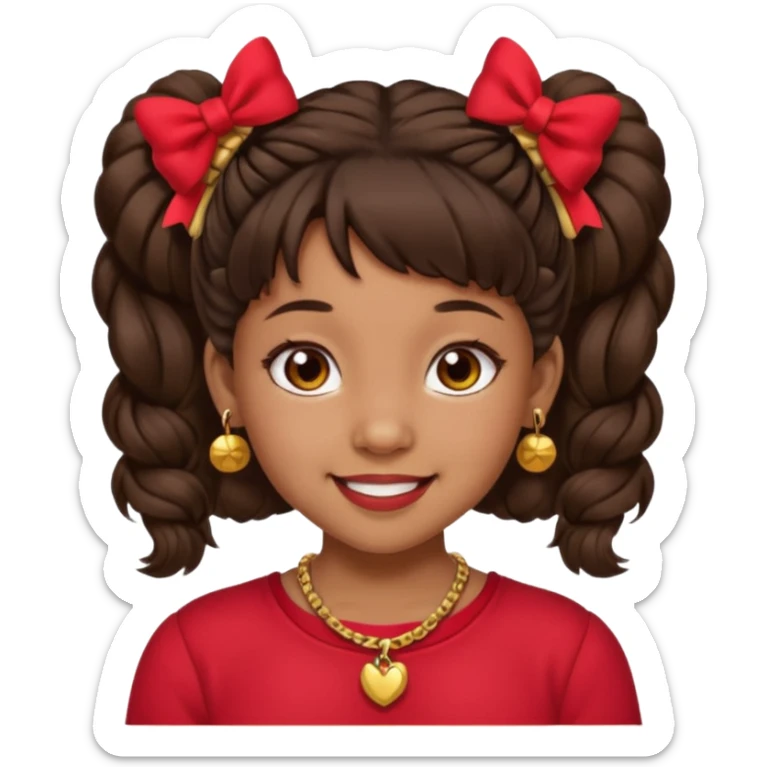 Brownskin girl dark brown hair fluffy. pigtails with red bows brown eyes smiling closed mouth red shirt gold esrrings gold necklace sticker