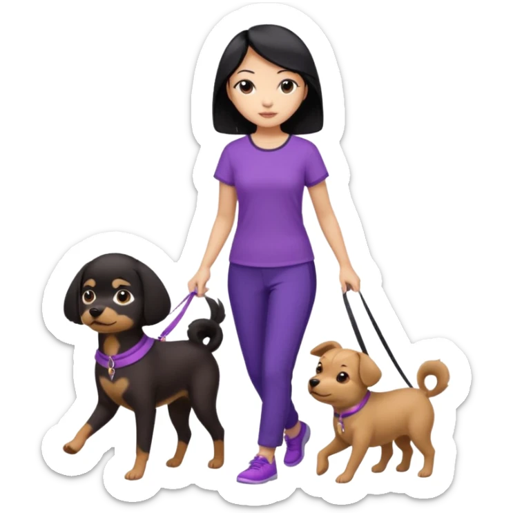 black hair Chinese woman wearing purple top and black pants walking 1 small brown dog sticker
