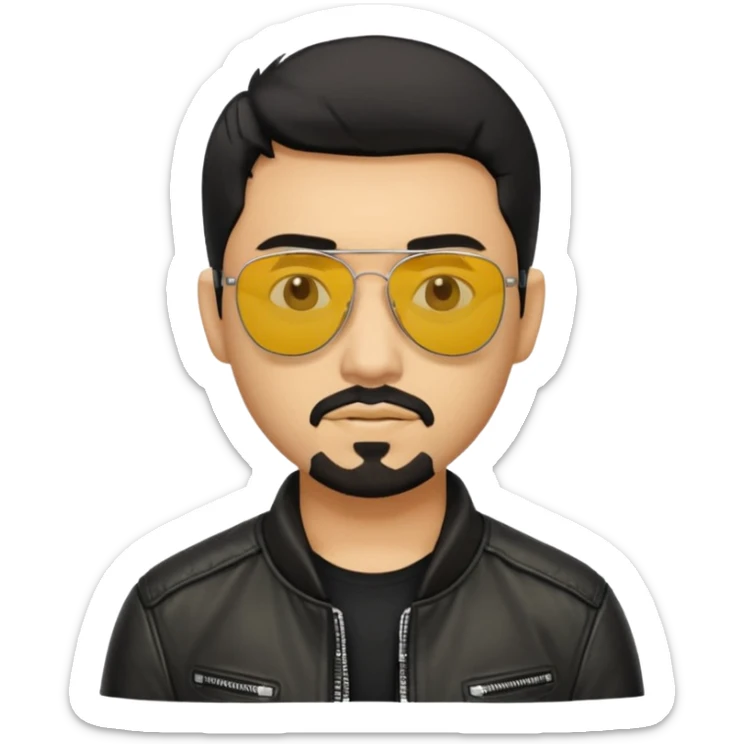 A man with middle part haircut black hair sunglasses with yellowish glasses And black jacket. Goatee short black beard sticker